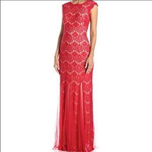Betsy and Adam Red Lace Mermaid Evening Dress 4
